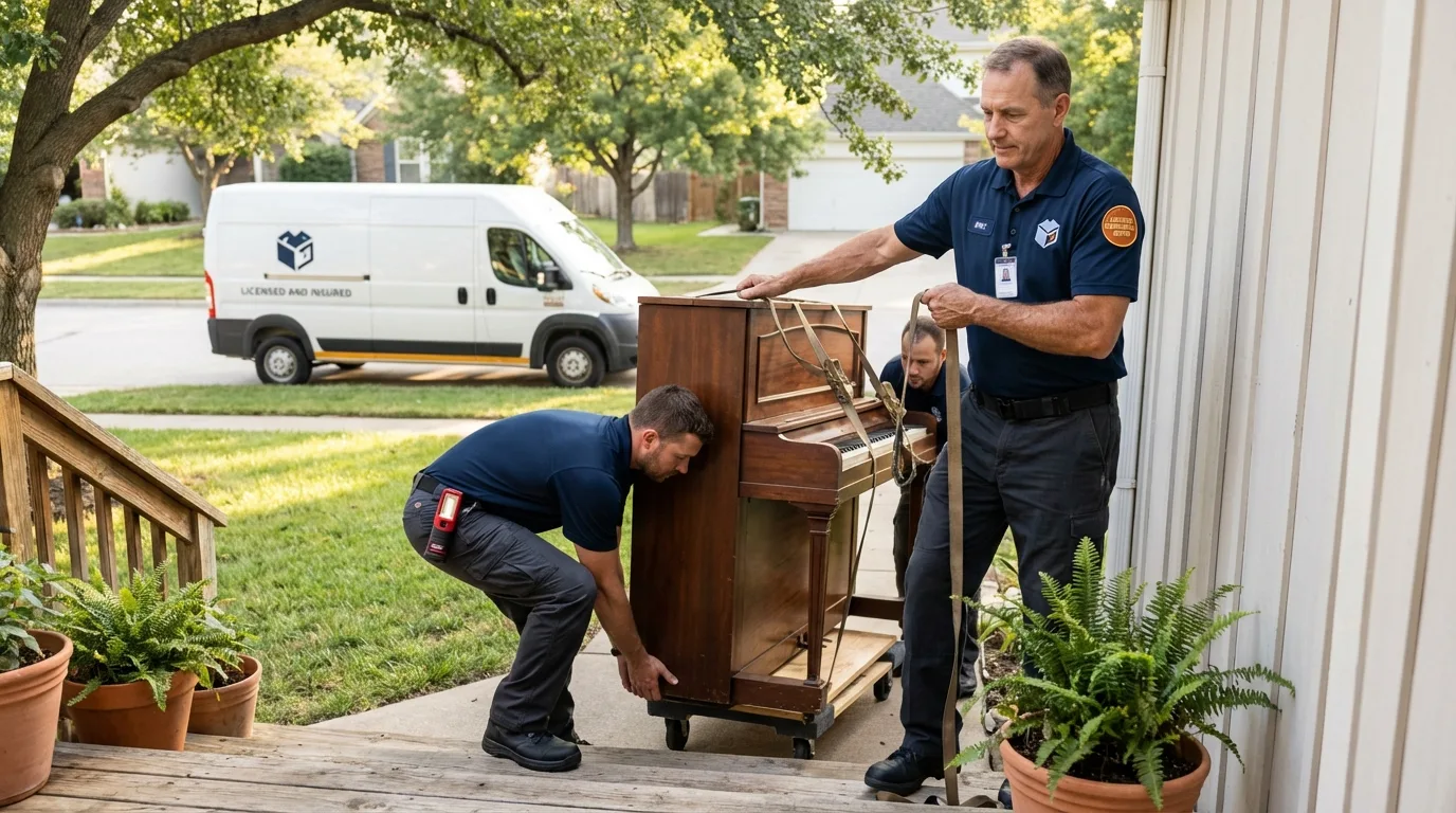 Licensed piano movers securing grand piano in Walnut Cove, NC