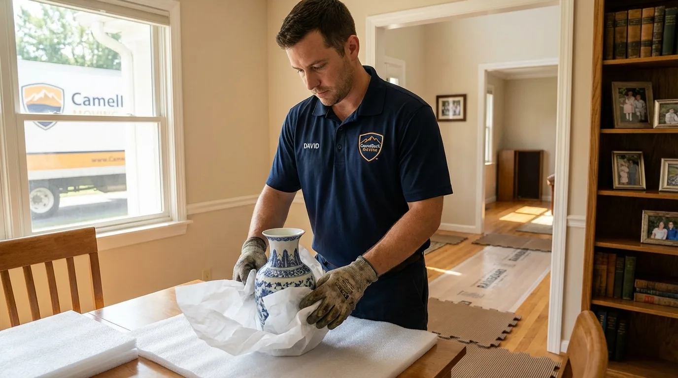 Professional crew carefully wrapping antique vase for senior downsizing move in Walnut Cove, NC